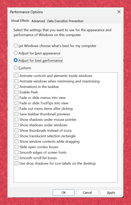Windows 11 Performance Options