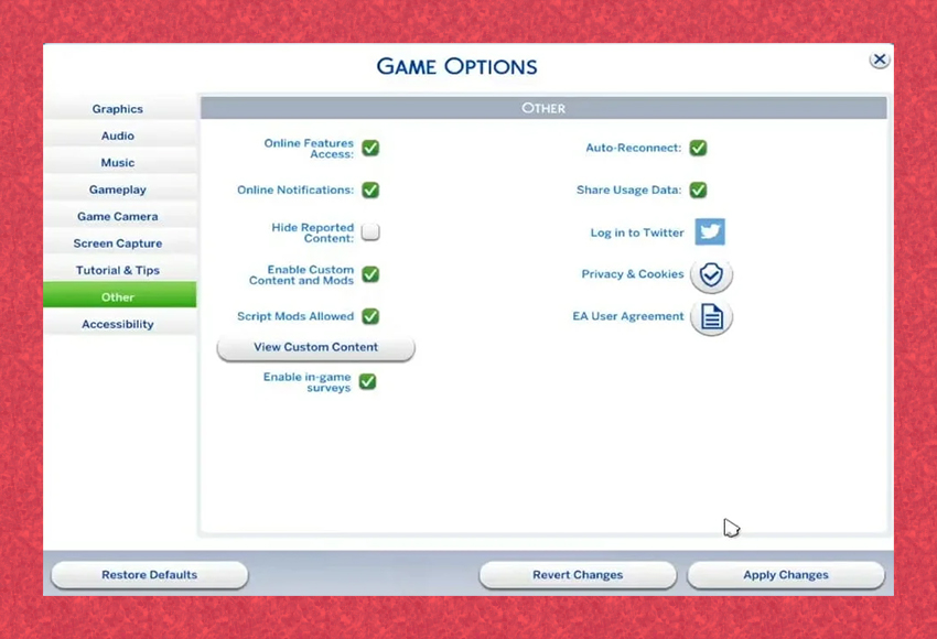 The Sims 4 Game Options